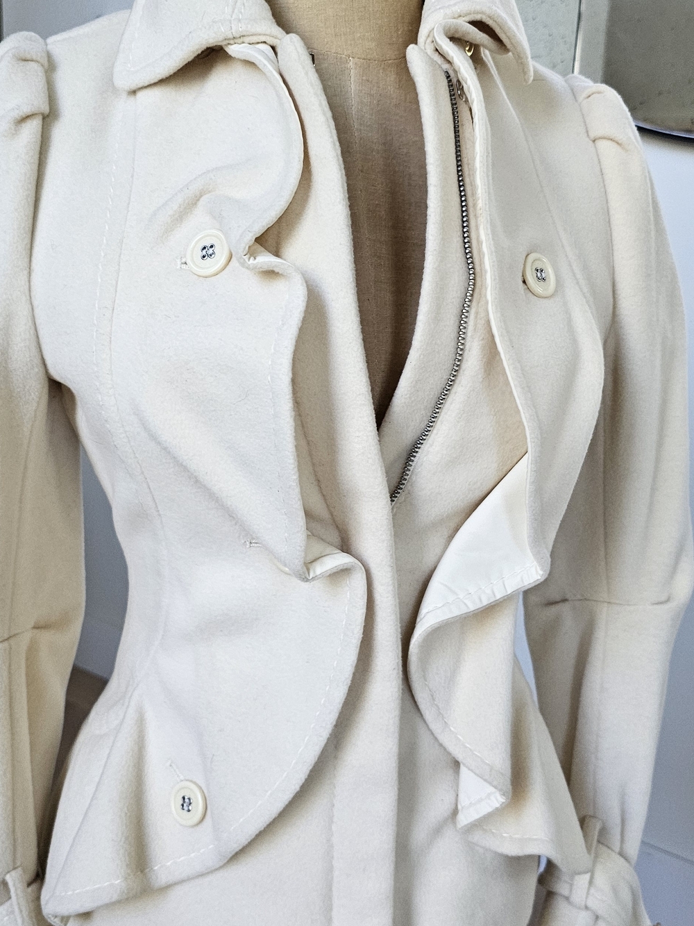 BCBGMaxAzria Cream Ruffle Wool Pea Coat